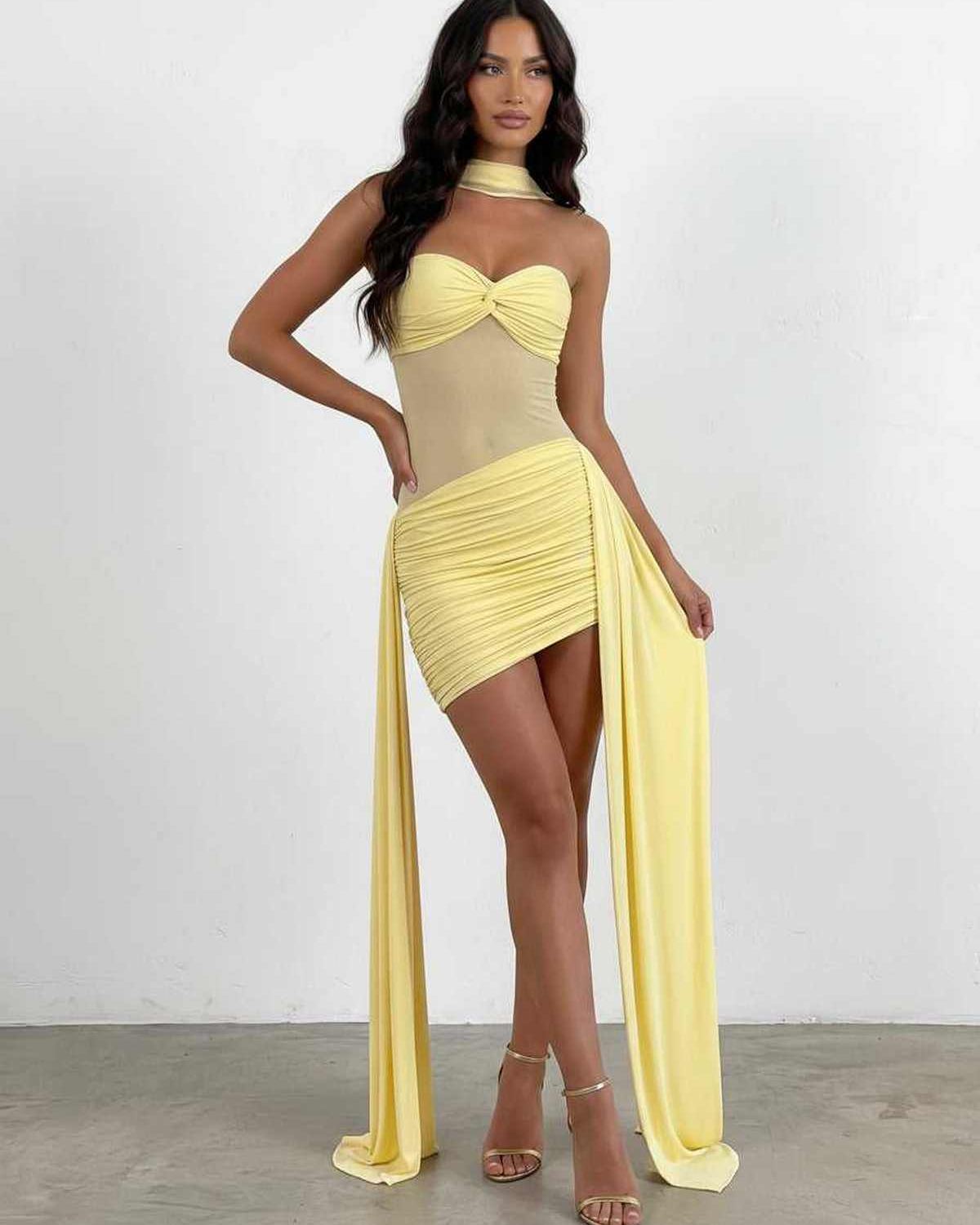 Ramblion Mela mini dress — strapless / off shoulder neckline · back view · styled for prom season