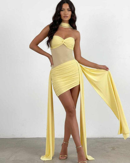 Ramblion Mela mini dress — strapless / off shoulder neckline · lifestyle styling · styled for prom season