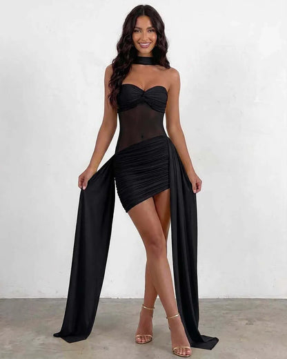 Yellow,black,white,red Bodycon Sleeveless Mini Dress | Black-Tie Events & Evening Parties, front view | Ramblion