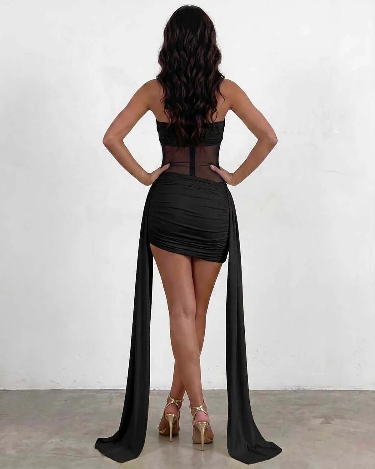 Yellow,black,white,red Bodycon Sleeveless Mini Dress | Black-Tie Events & Evening Parties, back view | Ramblion | SKU: RB-137D03-BLACK-L,RB-137D03-BLACK-M,RB-137D03-BLACK-S,RB-137D03-BLACK-XL,RB-137D03-BLACK-XS