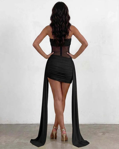 Yellow,black,white,red Bodycon Sleeveless Mini Dress | Black-Tie Events & Evening Parties, back view | Ramblion | SKU: RB-137D03-BLACK-L,RB-137D03-BLACK-M,RB-137D03-BLACK-S,RB-137D03-BLACK-XL,RB-137D03-BLACK-XS
