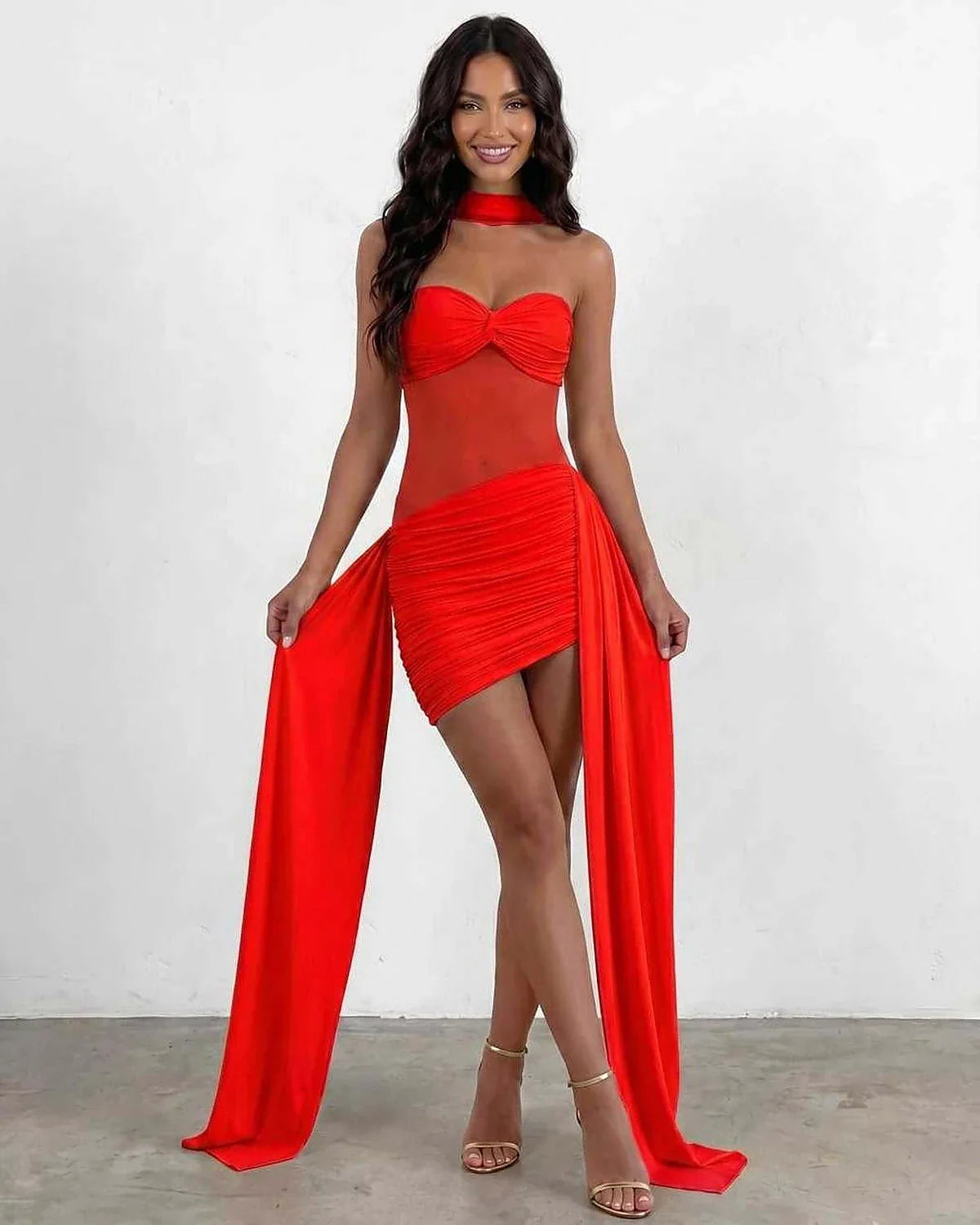 Yellow,black,white,red Bodycon Sleeveless Mini Dress | Black-Tie Events & Evening Parties, front view | Ramblion