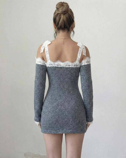 Mera Mini Dress back view in grey, featuring lace detailing and long sleeves, perfect for trendy occasions by RAMBLION.