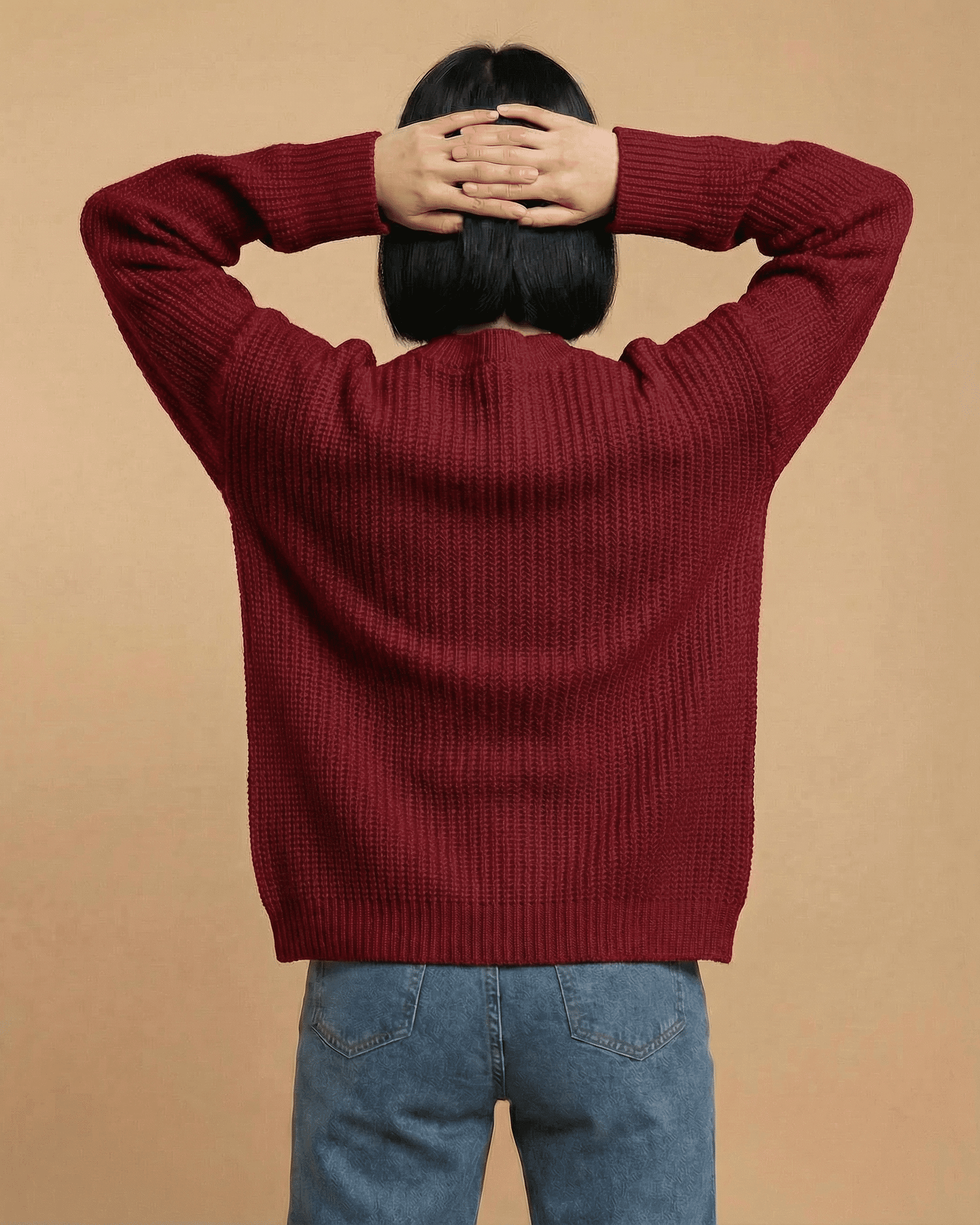 Merano Cardigan in burgundy, showcasing a loose fit and V-neck design, ideal for stylish layering.