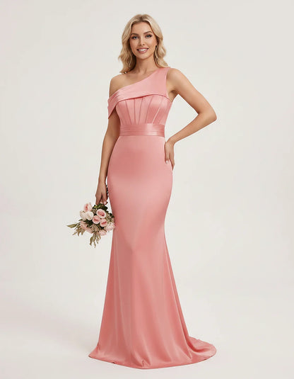 Satin One-Shoulder Off-Shoulder Mermaid Maxi Dress for Party, Cocktail, Evening, Wedding Guest, Bridesmaid & Summer Events, f | SKU: MD-582746193847561-CORAL-L,MD-582746193847561-CORAL-M,MD-582746193847561-CORAL-S,MD-582746193847561-CORAL-XL,MD-582746193847561-CORAL-XS