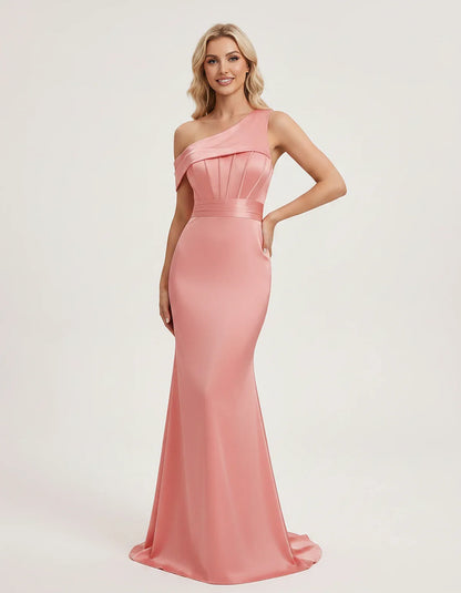Satin One-Shoulder Off-Shoulder Mermaid Maxi Dress for Party, Cocktail, Evening, Wedding Guest, Bridesmaid & Summer Events, f | SKU: MD-582746193847561-CORAL-L,MD-582746193847561-CORAL-M,MD-582746193847561-CORAL-S,MD-582746193847561-CORAL-XL,MD-582746193847561-CORAL-XS