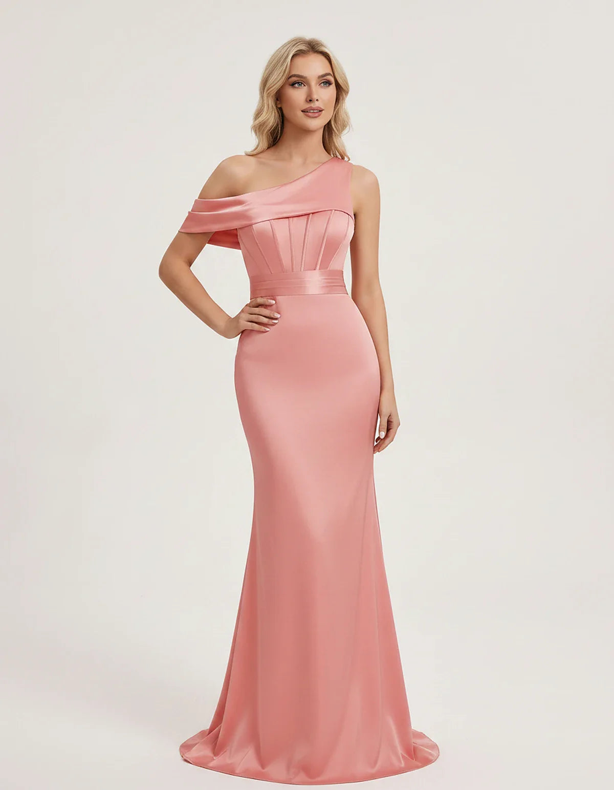 Satin One-Shoulder Off-Shoulder Mermaid Maxi Dress for Party, Cocktail, Evening, Wedding Guest, Bridesmaid & Summer Events, f | SKU: MD-582746193847561-CORAL-L,MD-582746193847561-CORAL-M,MD-582746193847561-CORAL-S,MD-582746193847561-CORAL-XL,MD-582746193847561-CORAL-XS