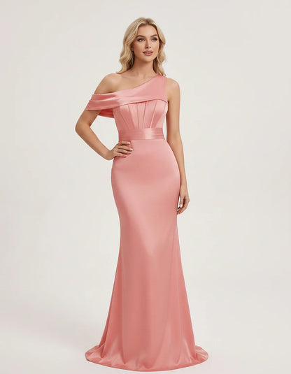 Satin One-Shoulder Off-Shoulder Mermaid Maxi Dress for Party, Cocktail, Evening, Wedding Guest, Bridesmaid & Summer Events, f | SKU: MD-582746193847561-CORAL-L,MD-582746193847561-CORAL-M,MD-582746193847561-CORAL-S,MD-582746193847561-CORAL-XL,MD-582746193847561-CORAL-XS