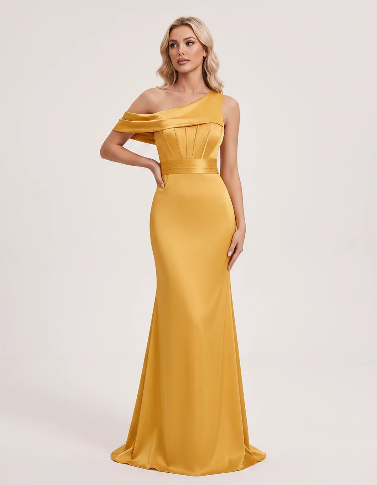 Satin One-Shoulder Off-Shoulder Mermaid Maxi Dress for Party, Cocktail, Evening, Wedding Guest, Bridesmaid & Summer Events, f | SKU: MD-582746193847561-GOLD-L,MD-582746193847561-GOLD-M,MD-582746193847561-GOLD-S,MD-582746193847561-GOLD-XL,MD-582746193847561-GOLD-XS