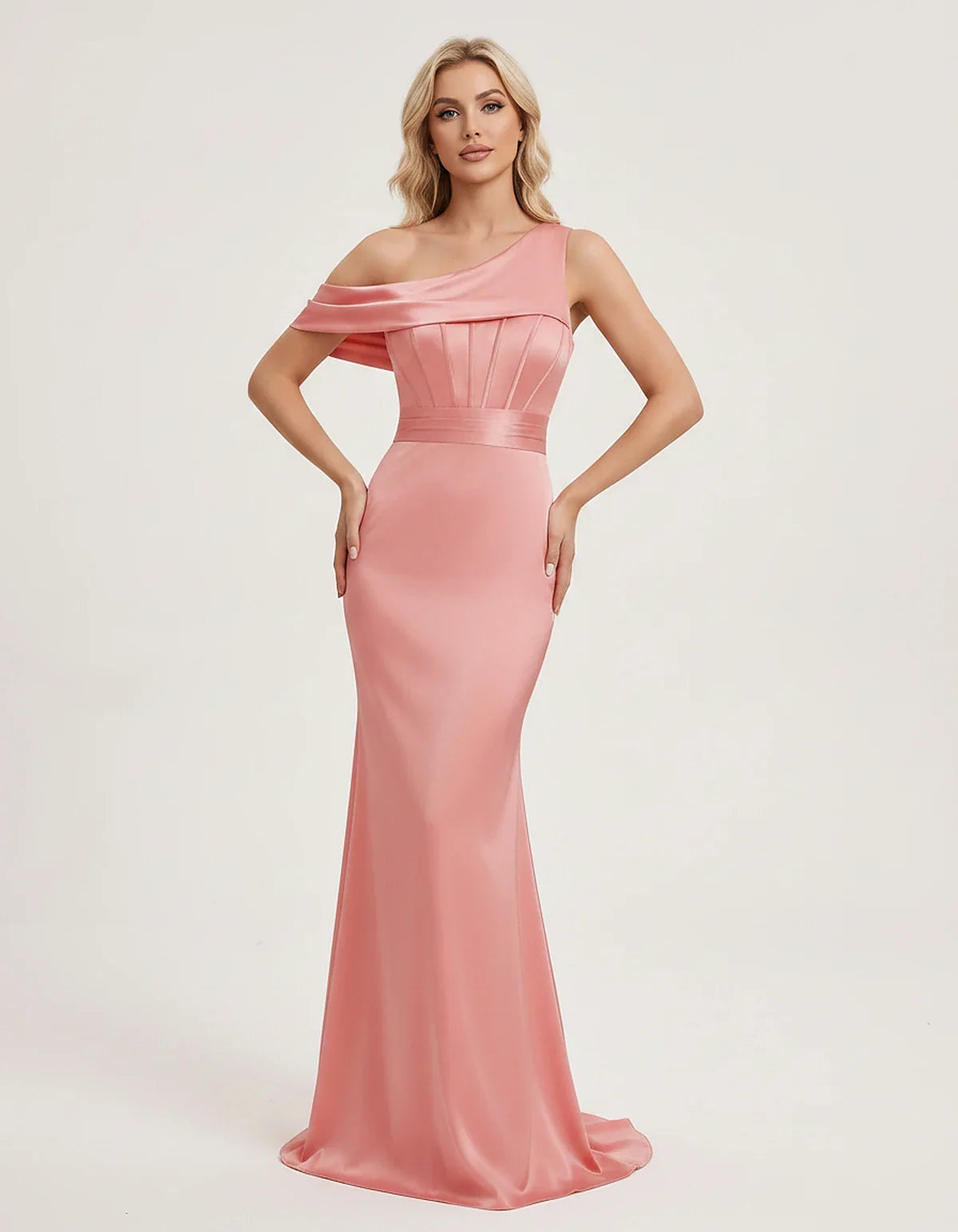 Satin One-Shoulder Off-Shoulder Mermaid Maxi Dress for Party, Cocktail, Evening, Wedding Guest, Bridesmaid & Summer Events, f | SKU: MD-582746193847561-CORAL-L,MD-582746193847561-CORAL-M,MD-582746193847561-CORAL-S,MD-582746193847561-CORAL-XL,MD-582746193847561-CORAL-XS