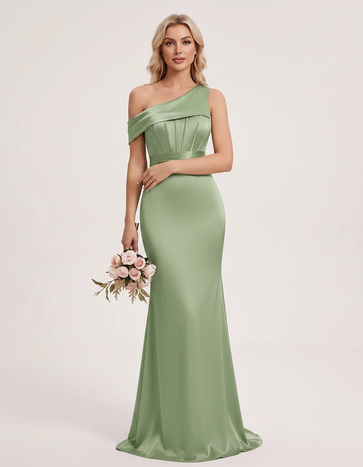 Satin One-Shoulder Off-Shoulder Mermaid Maxi Dress for Party, Cocktail, Evening, Wedding Guest, Bridesmaid & Summer Events, f | SKU: MD-582746193847561-SAGE-L,MD-582746193847561-SAGE-M,MD-582746193847561-SAGE-S,MD-582746193847561-SAGE-XL,MD-582746193847561-SAGE-XS