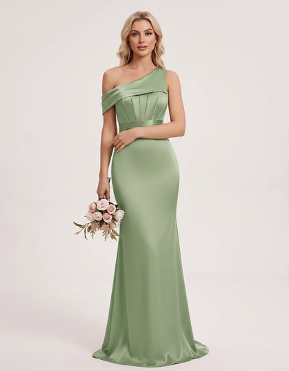 Satin One-Shoulder Off-Shoulder Mermaid Maxi Dress for Party, Cocktail, Evening, Wedding Guest, Bridesmaid & Summer Events, f | SKU: MD-582746193847561-SAGE-L,MD-582746193847561-SAGE-M,MD-582746193847561-SAGE-S,MD-582746193847561-SAGE-XL,MD-582746193847561-SAGE-XS