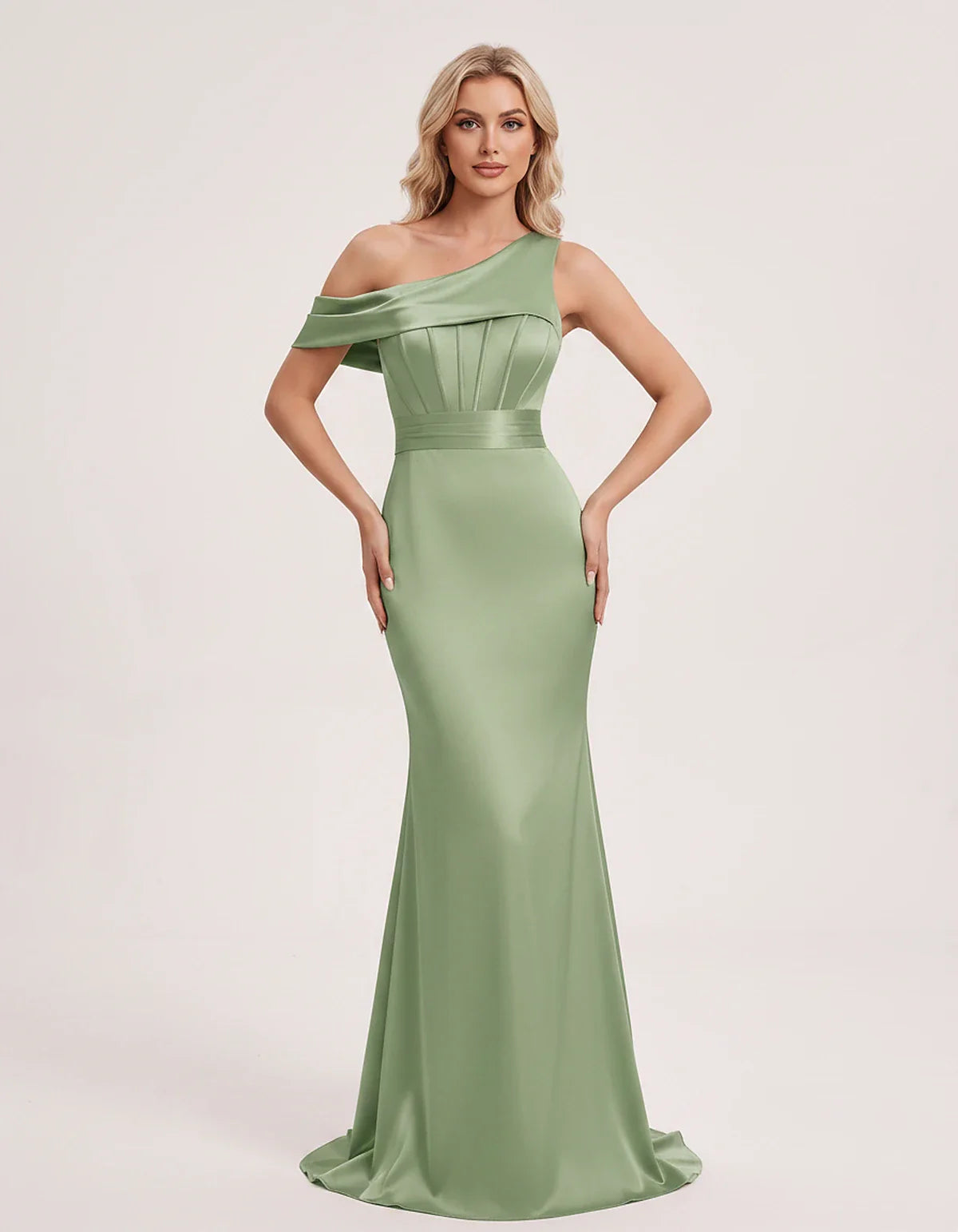 Satin One-Shoulder Off-Shoulder Mermaid Maxi Dress for Party, Cocktail, Evening, Wedding Guest, Bridesmaid & Summer Events, f | SKU: MD-582746193847561-SAGE-L,MD-582746193847561-SAGE-M,MD-582746193847561-SAGE-S,MD-582746193847561-SAGE-XL,MD-582746193847561-SAGE-XS