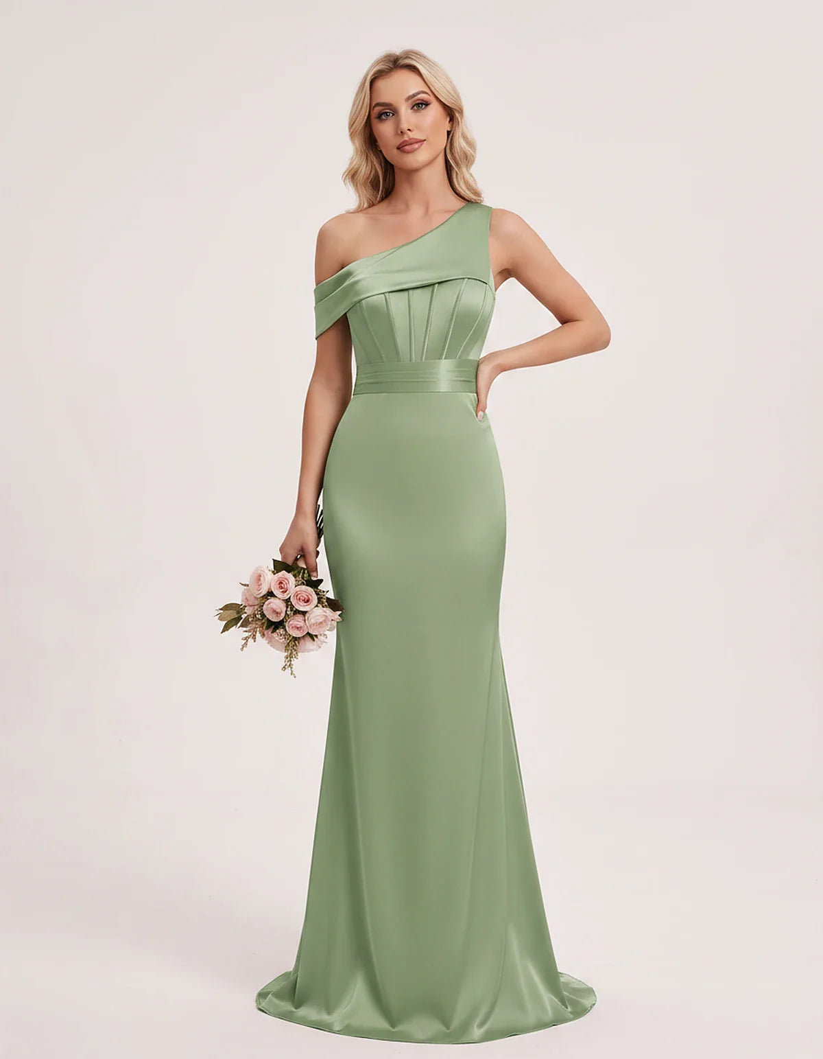 Satin One-Shoulder Off-Shoulder Mermaid Maxi Dress for Party, Cocktail, Evening, Wedding Guest, Bridesmaid & Summer Events, f | SKU: MD-582746193847561-SAGE-L,MD-582746193847561-SAGE-M,MD-582746193847561-SAGE-S,MD-582746193847561-SAGE-XL,MD-582746193847561-SAGE-XS