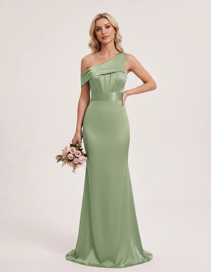 Satin One-Shoulder Off-Shoulder Mermaid Maxi Dress for Party, Cocktail, Evening, Wedding Guest, Bridesmaid & Summer Events, f | SKU: MD-582746193847561-SAGE-L,MD-582746193847561-SAGE-M,MD-582746193847561-SAGE-S,MD-582746193847561-SAGE-XL,MD-582746193847561-SAGE-XS