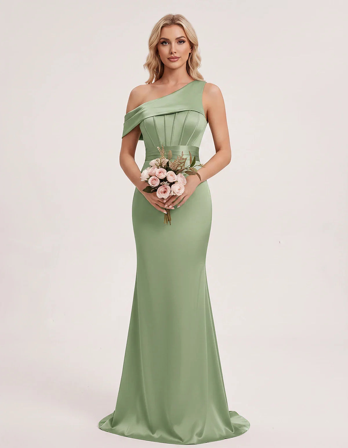 Satin One-Shoulder Off-Shoulder Mermaid Maxi Dress for Party, Cocktail, Evening, Wedding Guest, Bridesmaid & Summer Events, f | SKU: MD-582746193847561-SAGE-L,MD-582746193847561-SAGE-M,MD-582746193847561-SAGE-S,MD-582746193847561-SAGE-XL,MD-582746193847561-SAGE-XS