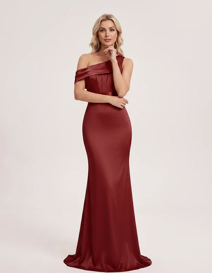 Satin One-Shoulder Off-Shoulder Mermaid Maxi Dress for Party, Cocktail, Evening, Wedding Guest, Bridesmaid & Summer Events, f | SKU: MD-582746193847561-BURGUNDY-L,MD-582746193847561-BURGUNDY-M,MD-582746193847561-BURGUNDY-S,MD-582746193847561-BURGUNDY-XL,MD-582746193847561-BURGUNDY-XS