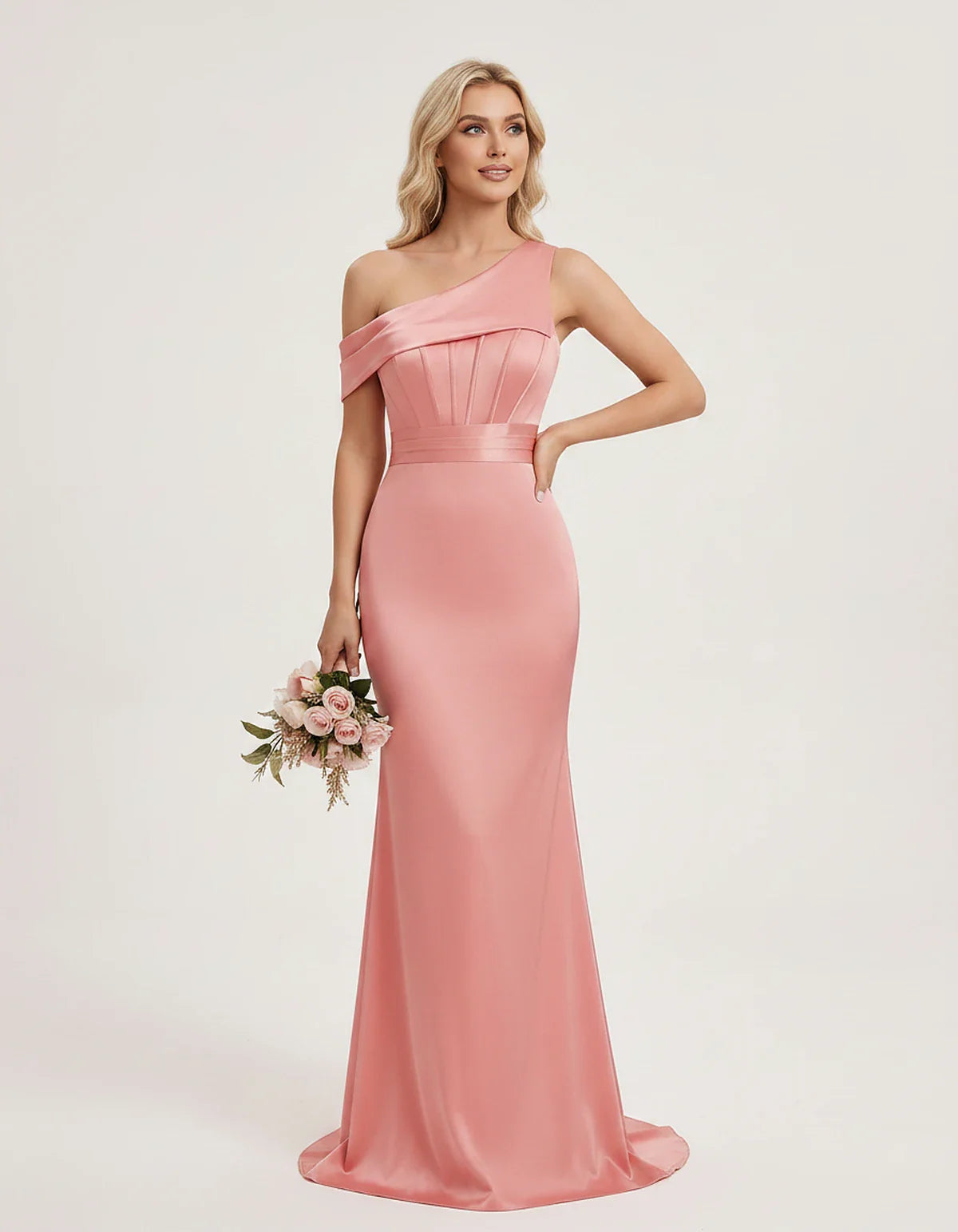 Satin One-Shoulder Off-Shoulder Mermaid Maxi Dress for Party, Cocktail, Evening, Wedding Guest, Bridesmaid & Summer Events, f | SKU: MD-582746193847561-CORAL-L,MD-582746193847561-CORAL-M,MD-582746193847561-CORAL-S,MD-582746193847561-CORAL-XL,MD-582746193847561-CORAL-XS
