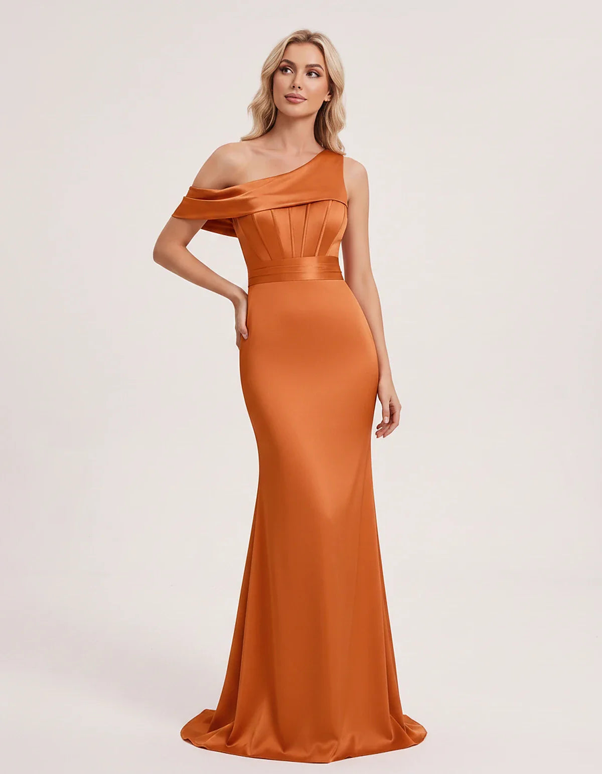 Satin One-Shoulder Off-Shoulder Mermaid Maxi Dress for Party, Cocktail, Evening, Wedding Guest, Bridesmaid & Summer Events, f | SKU: MD-582746193847561-ORANGE-L,MD-582746193847561-ORANGE-M,MD-582746193847561-ORANGE-S,MD-582746193847561-ORANGE-XL,MD-582746193847561-ORANGE-XS