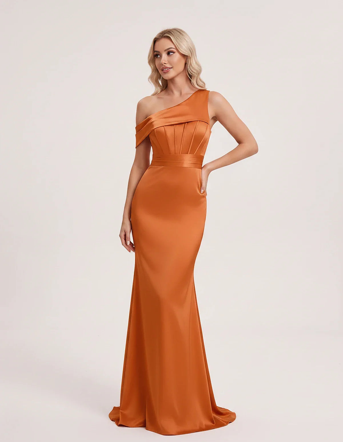 Satin One-Shoulder Off-Shoulder Mermaid Maxi Dress for Party, Cocktail, Evening, Wedding Guest, Bridesmaid & Summer Events, f | SKU: MD-582746193847561-ORANGE-L,MD-582746193847561-ORANGE-M,MD-582746193847561-ORANGE-S,MD-582746193847561-ORANGE-XL,MD-582746193847561-ORANGE-XS