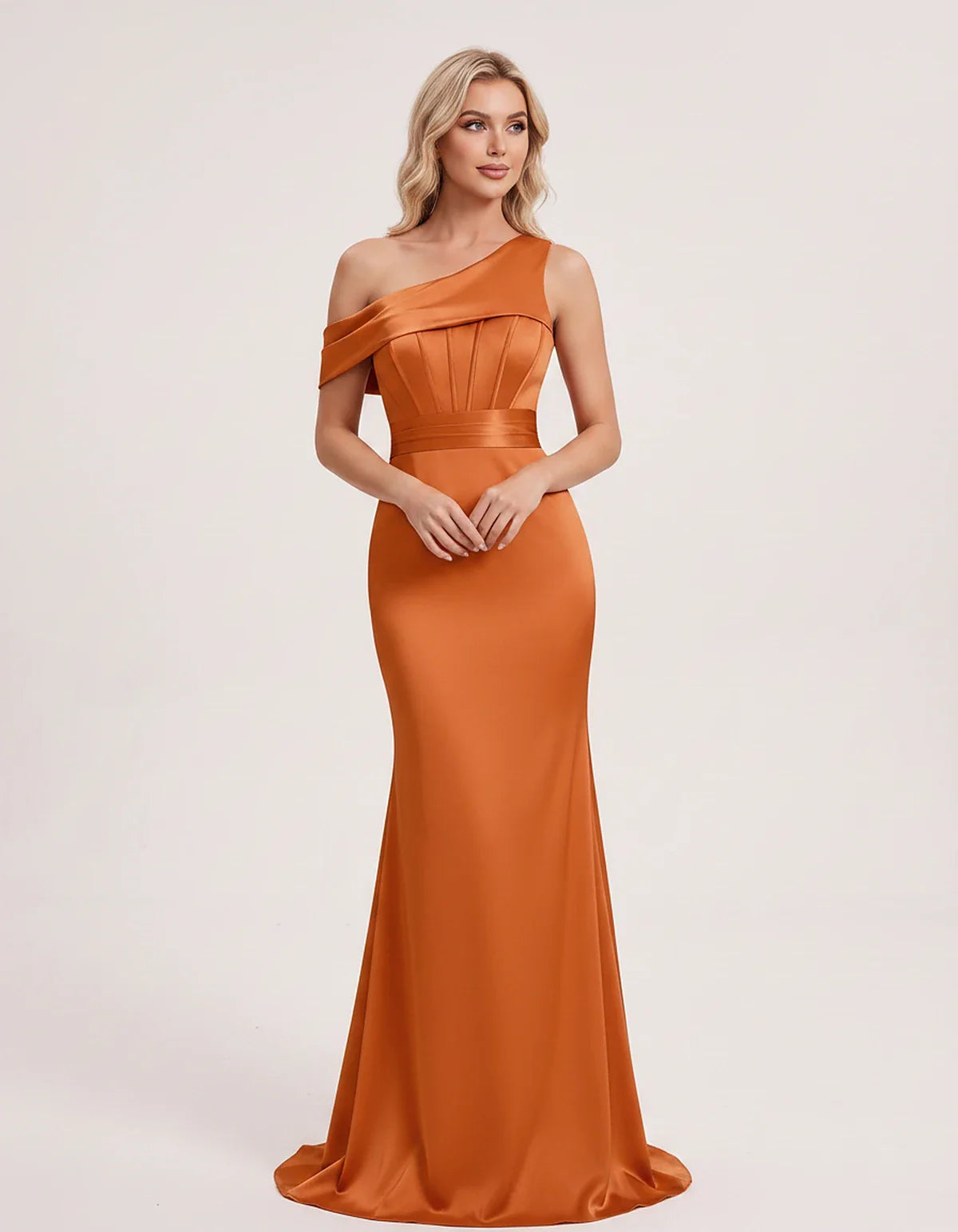Satin One-Shoulder Off-Shoulder Mermaid Maxi Dress for Party, Cocktail, Evening, Wedding Guest, Bridesmaid & Summer Events, f | SKU: MD-582746193847561-ORANGE-L,MD-582746193847561-ORANGE-M,MD-582746193847561-ORANGE-S,MD-582746193847561-ORANGE-XL,MD-582746193847561-ORANGE-XS