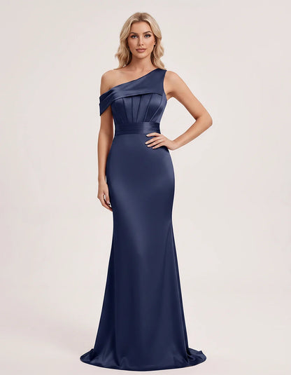 Satin One-Shoulder Off-Shoulder Mermaid Maxi Dress for Party, Cocktail, Evening, Wedding Guest, Bridesmaid & Summer Events, f | SKU: MD-582746193847561-NAVY-L,MD-582746193847561-NAVY-M,MD-582746193847561-NAVY-S,MD-582746193847561-NAVY-XL,MD-582746193847561-NAVY-XS