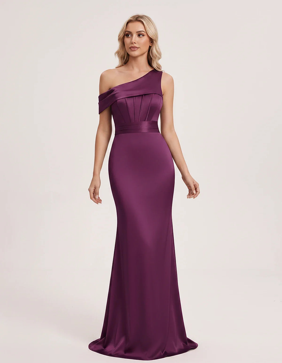 Satin One-Shoulder Off-Shoulder Mermaid Maxi Dress for Party, Cocktail, Evening, Wedding Guest, Bridesmaid & Summer Events, f | SKU: MD-582746193847561-PLUM-L,MD-582746193847561-PLUM-M,MD-582746193847561-PLUM-S,MD-582746193847561-PLUM-XL,MD-582746193847561-PLUM-XS