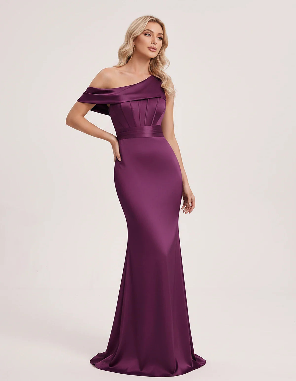 Satin One-Shoulder Off-Shoulder Mermaid Maxi Dress for Party, Cocktail, Evening, Wedding Guest, Bridesmaid & Summer Events, f | SKU: MD-582746193847561-PLUM-L,MD-582746193847561-PLUM-M,MD-582746193847561-PLUM-S,MD-582746193847561-PLUM-XL,MD-582746193847561-PLUM-XS