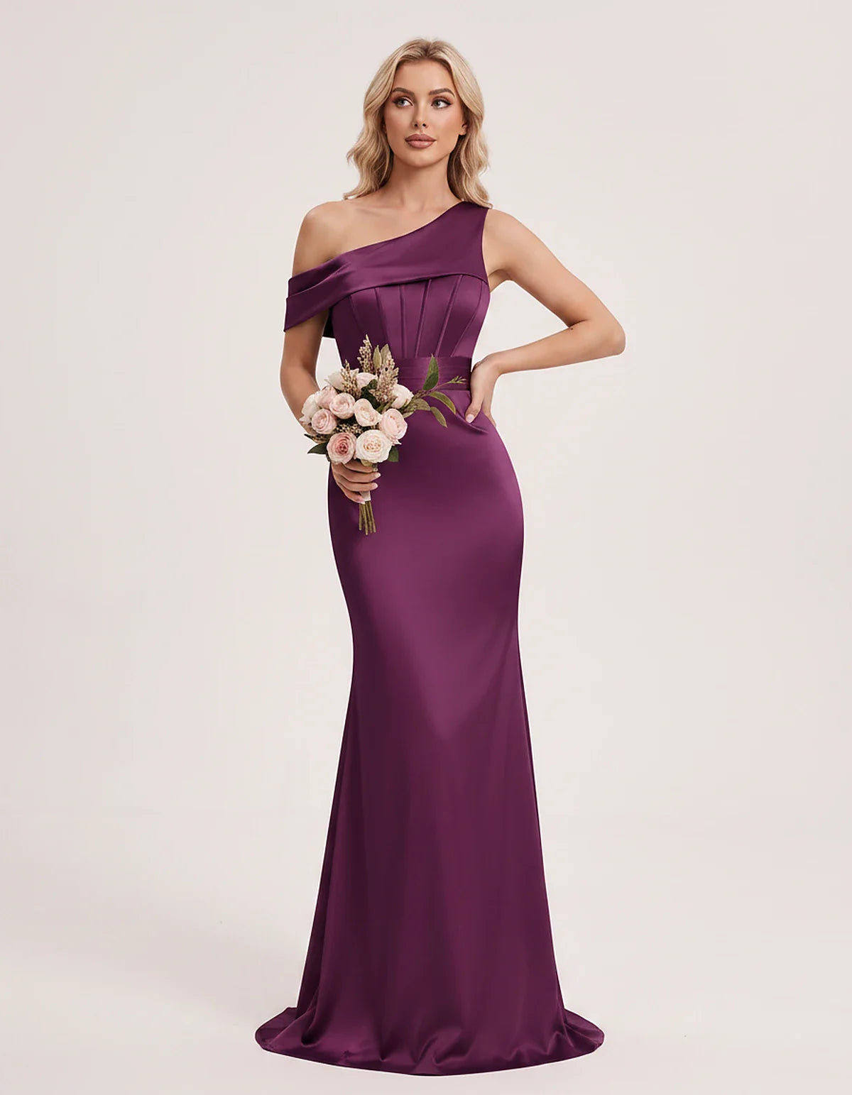 Satin One-Shoulder Off-Shoulder Mermaid Maxi Dress for Party, Cocktail, Evening, Wedding Guest, Bridesmaid & Summer Events, f | SKU: MD-582746193847561-PLUM-L,MD-582746193847561-PLUM-M,MD-582746193847561-PLUM-S,MD-582746193847561-PLUM-XL,MD-582746193847561-PLUM-XS