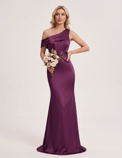 Satin One-Shoulder Off-Shoulder Mermaid Maxi Dress for Party, Cocktail, Evening, Wedding Guest, Bridesmaid & Summer Events, f | SKU: MD-582746193847561-PLUM-L,MD-582746193847561-PLUM-M,MD-582746193847561-PLUM-S,MD-582746193847561-PLUM-XL,MD-582746193847561-PLUM-XS