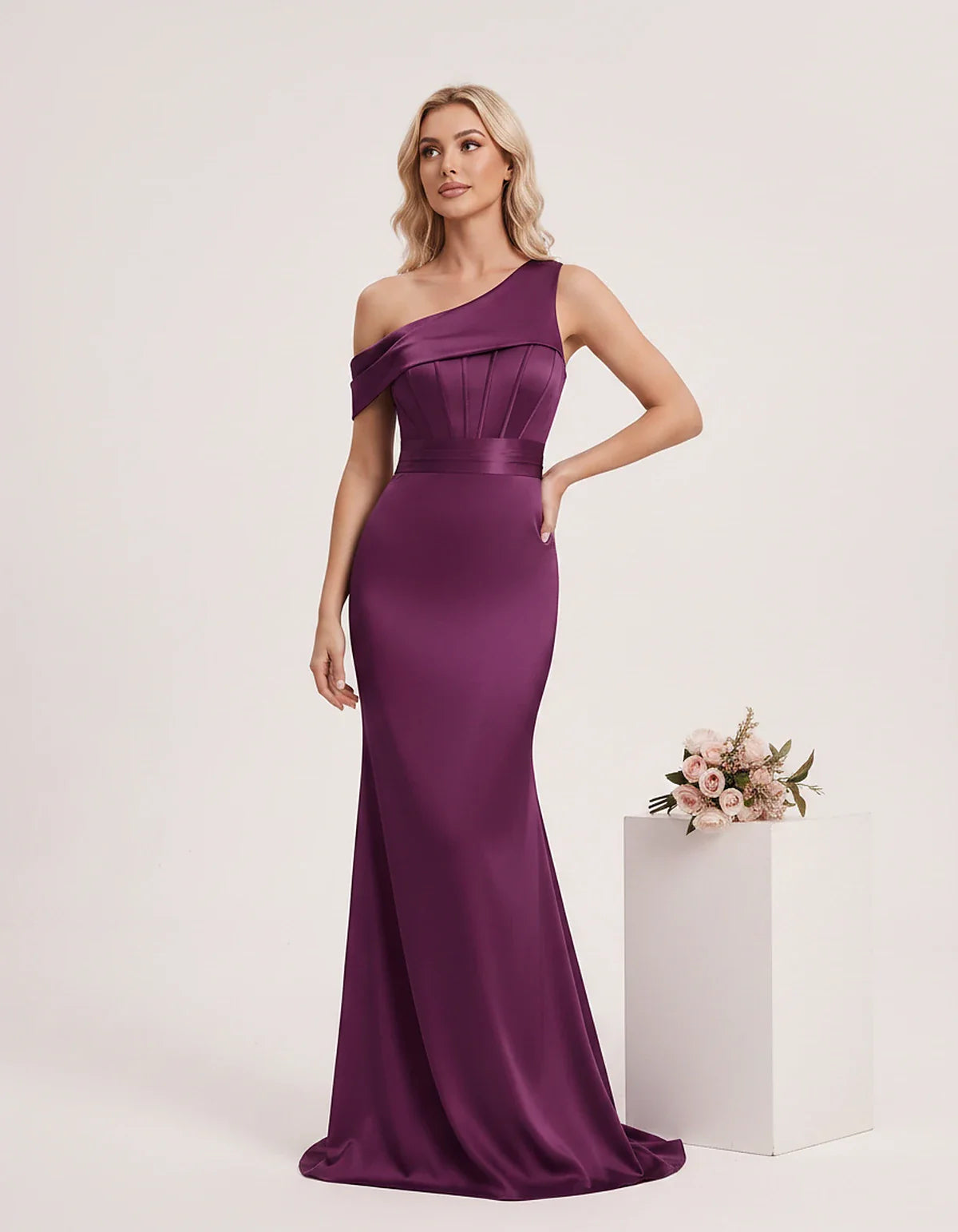 Satin One-Shoulder Off-Shoulder Mermaid Maxi Dress for Party, Cocktail, Evening, Wedding Guest, Bridesmaid & Summer Events, f | SKU: MD-582746193847561-PLUM-L,MD-582746193847561-PLUM-M,MD-582746193847561-PLUM-S,MD-582746193847561-PLUM-XL,MD-582746193847561-PLUM-XS