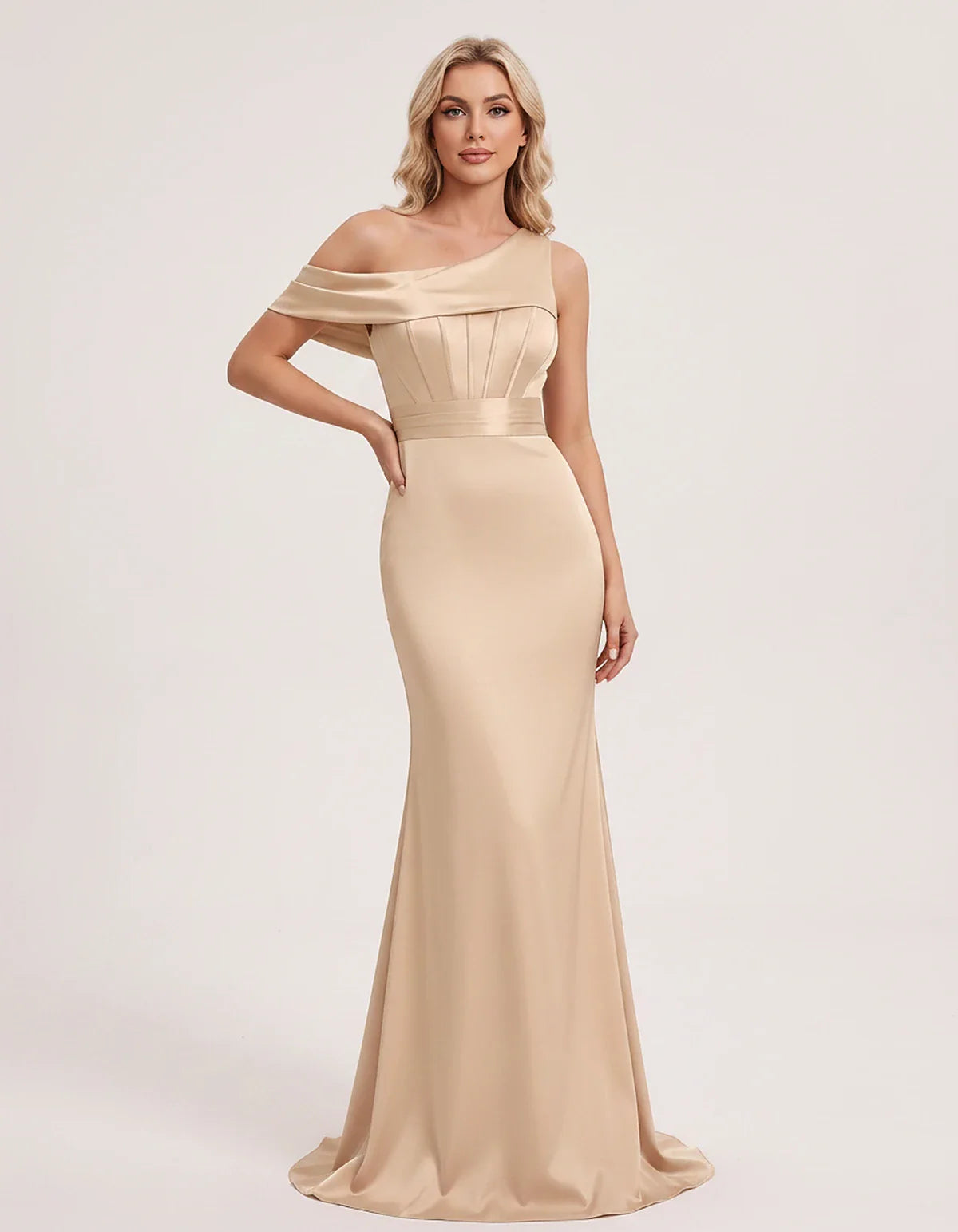 Satin One-Shoulder Off-Shoulder Mermaid Maxi Dress for Party, Cocktail, Evening, Wedding Guest, Bridesmaid & Summer Events, f | SKU: MD-582746193847561-CHAMPAGNE-L,MD-582746193847561-CHAMPAGNE-M,MD-582746193847561-CHAMPAGNE-S,MD-582746193847561-CHAMPAGNE-XL,MD-582746193847561-CHAMPAGNE-XS