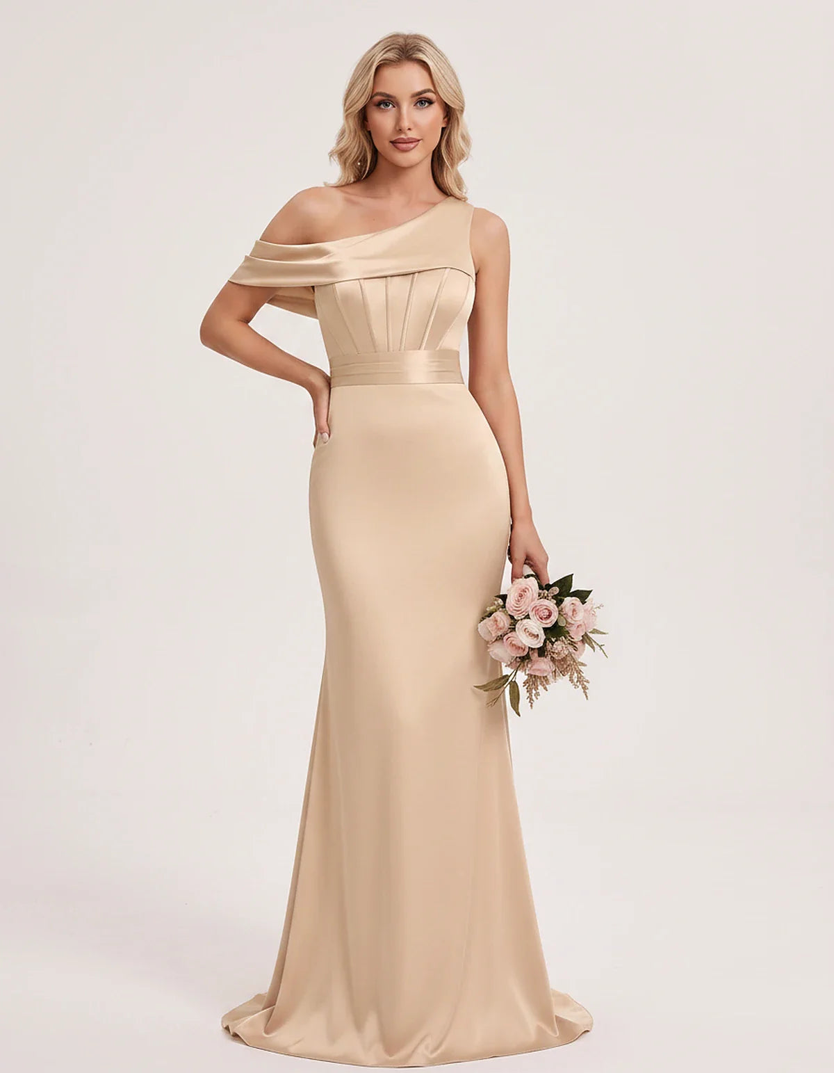 Satin One-Shoulder Off-Shoulder Mermaid Maxi Dress for Party, Cocktail, Evening, Wedding Guest, Bridesmaid & Summer Events, f | SKU: MD-582746193847561-CHAMPAGNE-L,MD-582746193847561-CHAMPAGNE-M,MD-582746193847561-CHAMPAGNE-S,MD-582746193847561-CHAMPAGNE-XL,MD-582746193847561-CHAMPAGNE-XS