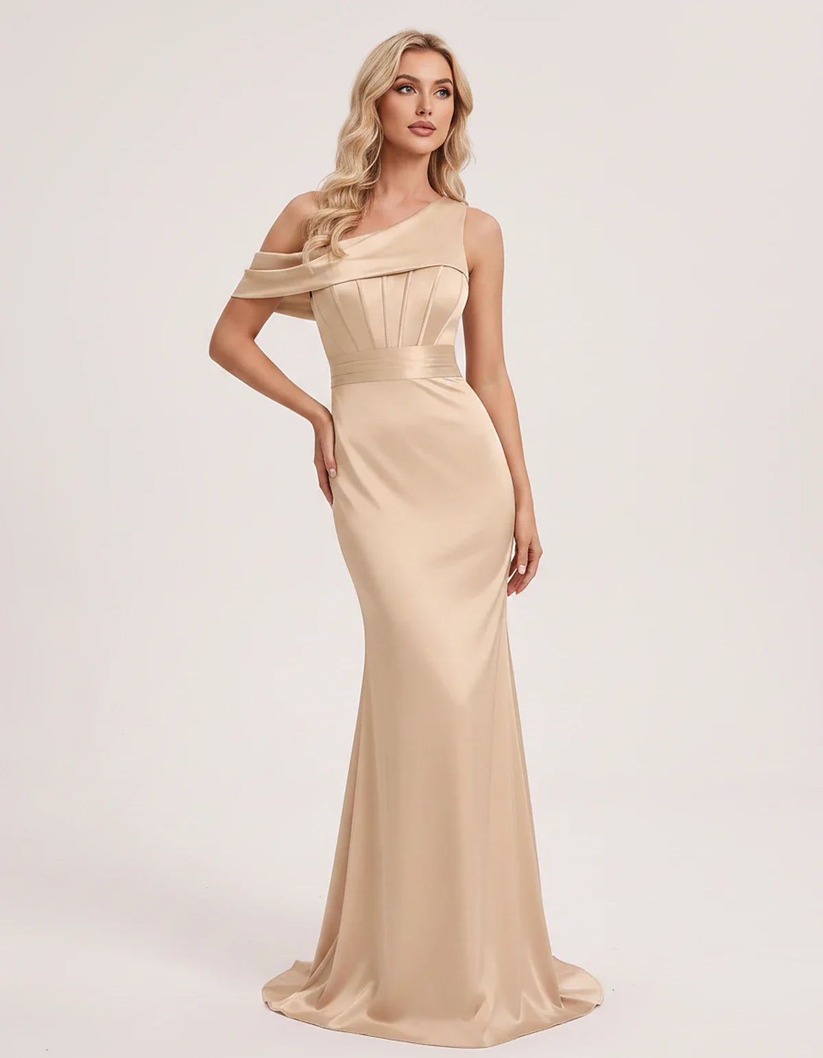 Satin One-Shoulder Off-Shoulder Mermaid Maxi Dress for Party, Cocktail, Evening, Wedding Guest, Bridesmaid & Summer Events, f | SKU: MD-582746193847561-CHAMPAGNE-L,MD-582746193847561-CHAMPAGNE-M,MD-582746193847561-CHAMPAGNE-S,MD-582746193847561-CHAMPAGNE-XL,MD-582746193847561-CHAMPAGNE-XS