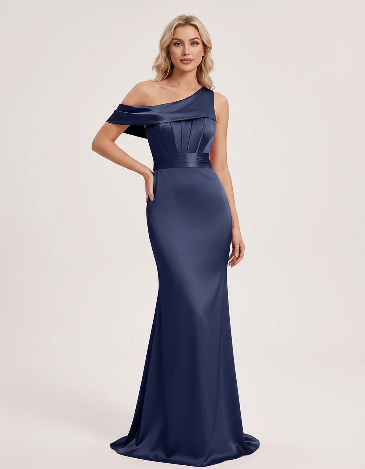 Satin One-Shoulder Off-Shoulder Mermaid Maxi Dress for Party, Cocktail, Evening, Wedding Guest, Bridesmaid & Summer Events, f | SKU: MD-582746193847561-NAVY-L,MD-582746193847561-NAVY-M,MD-582746193847561-NAVY-S,MD-582746193847561-NAVY-XL,MD-582746193847561-NAVY-XS