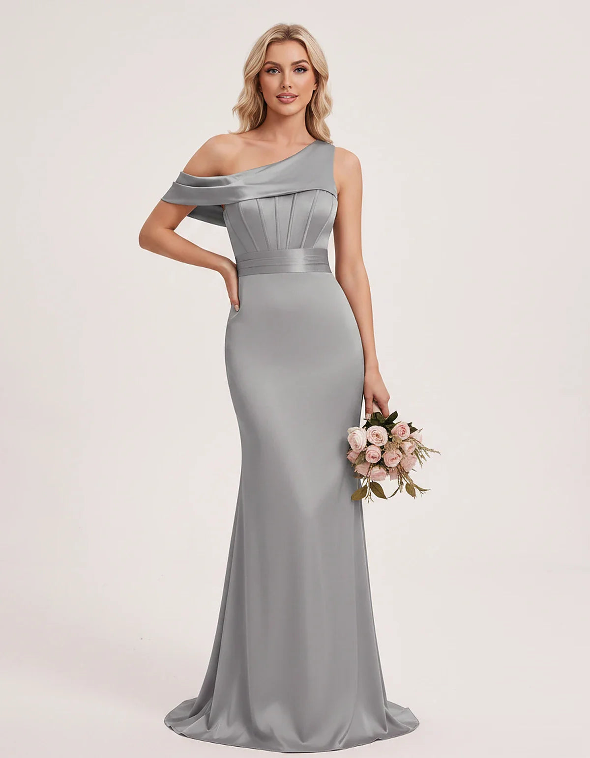 Satin One-Shoulder Off-Shoulder Mermaid Maxi Dress for Party, Cocktail, Evening, Wedding Guest, Bridesmaid & Summer Events, f | SKU: MD-582746193847561-SILVER-L,MD-582746193847561-SILVER-M,MD-582746193847561-SILVER-S,MD-582746193847561-SILVER-XL,MD-582746193847561-SILVER-XS