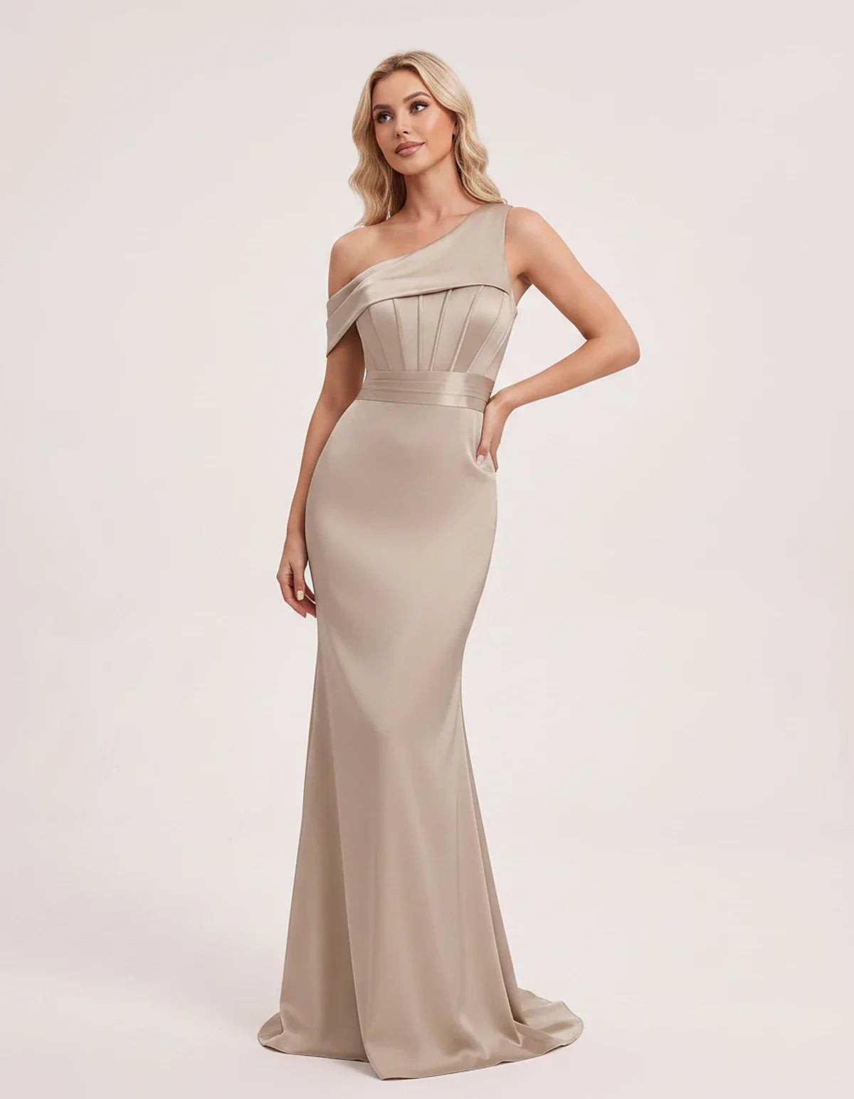 Satin One-Shoulder Off-Shoulder Mermaid Maxi Dress for Party, Cocktail, Evening, Wedding Guest, Bridesmaid & Summer Events, f | SKU: MD-582746193847561-TAUPE-L,MD-582746193847561-TAUPE-M,MD-582746193847561-TAUPE-S,MD-582746193847561-TAUPE-XL,MD-582746193847561-TAUPE-XS