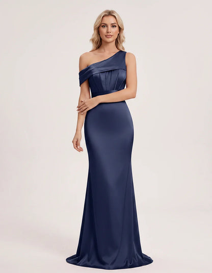 Satin One-Shoulder Off-Shoulder Mermaid Maxi Dress for Party, Cocktail, Evening, Wedding Guest, Bridesmaid & Summer Events, f | SKU: MD-582746193847561-NAVY-L,MD-582746193847561-NAVY-M,MD-582746193847561-NAVY-S,MD-582746193847561-NAVY-XL,MD-582746193847561-NAVY-XS