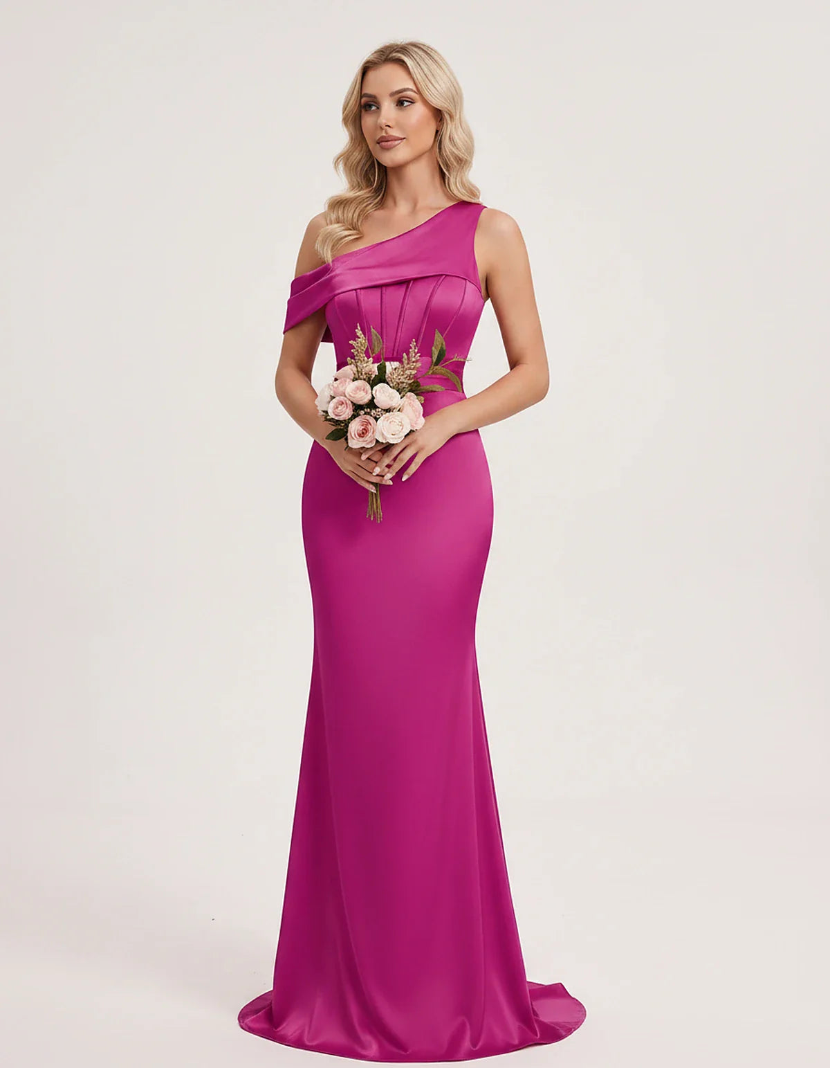 Satin One-Shoulder Off-Shoulder Mermaid Maxi Dress for Party, Cocktail, Evening, Wedding Guest, Bridesmaid & Summer Events, f | SKU: MD-582746193847561-FUCHSIA-L,MD-582746193847561-FUCHSIA-M,MD-582746193847561-FUCHSIA-S,MD-582746193847561-FUCHSIA-XL,MD-582746193847561-FUCHSIA-XS
