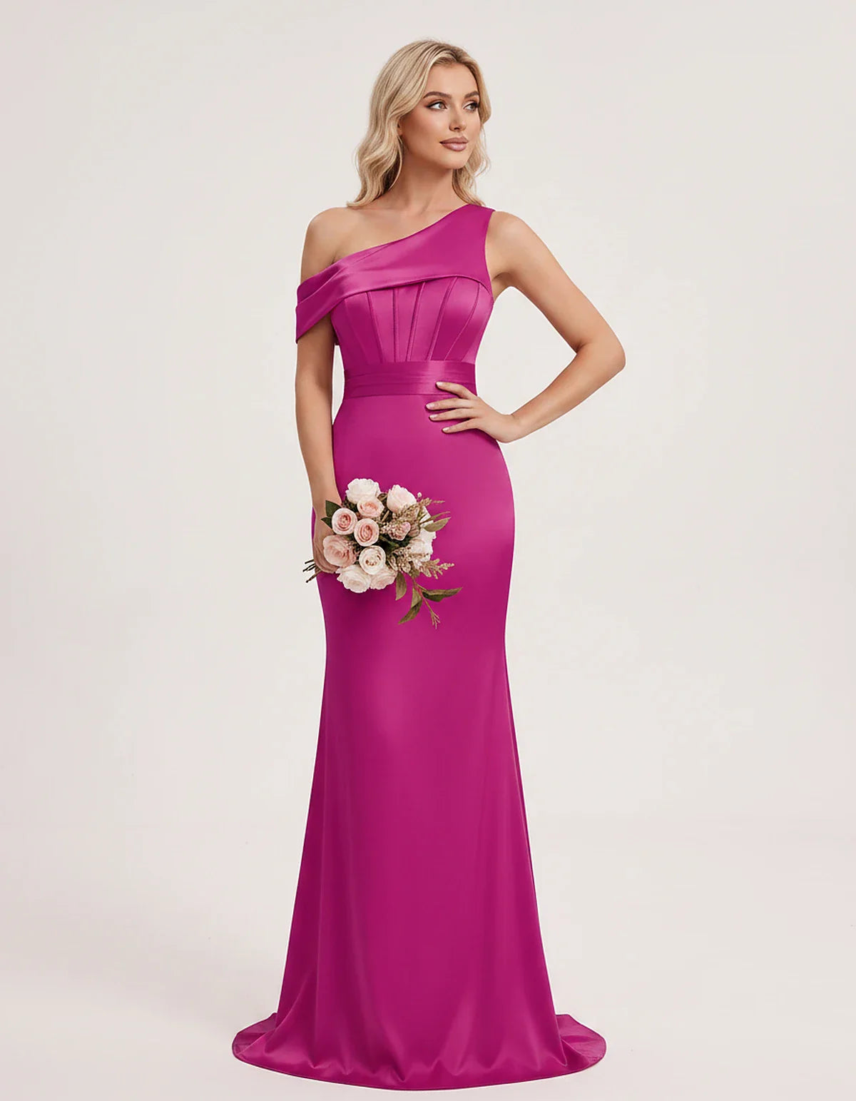 Satin One-Shoulder Off-Shoulder Mermaid Maxi Dress for Party, Cocktail, Evening, Wedding Guest, Bridesmaid & Summer Events, f | SKU: MD-582746193847561-FUCHSIA-L,MD-582746193847561-FUCHSIA-M,MD-582746193847561-FUCHSIA-S,MD-582746193847561-FUCHSIA-XL,MD-582746193847561-FUCHSIA-XS
