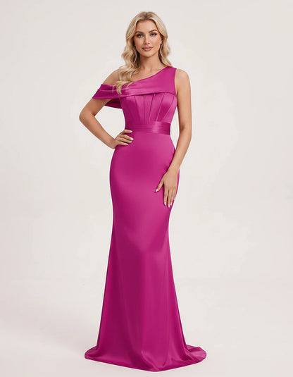 Satin One-Shoulder Off-Shoulder Mermaid Maxi Dress for Party, Cocktail, Evening, Wedding Guest, Bridesmaid & Summer Events, f | SKU: MD-582746193847561-FUCHSIA-L,MD-582746193847561-FUCHSIA-M,MD-582746193847561-FUCHSIA-S,MD-582746193847561-FUCHSIA-XL,MD-582746193847561-FUCHSIA-XS