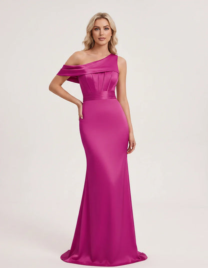Satin One-Shoulder Off-Shoulder Mermaid Maxi Dress for Party, Cocktail, Evening, Wedding Guest, Bridesmaid & Summer Events, f | SKU: MD-582746193847561-FUCHSIA-L,MD-582746193847561-FUCHSIA-M,MD-582746193847561-FUCHSIA-S,MD-582746193847561-FUCHSIA-XL,MD-582746193847561-FUCHSIA-XS