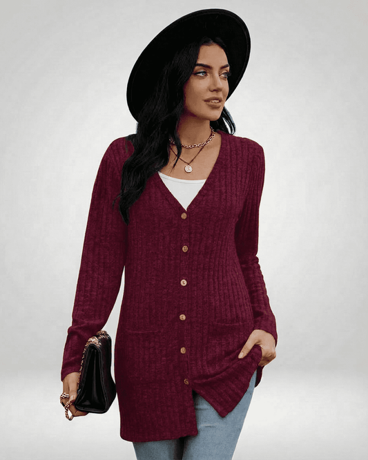Merlot Cardigan by RAMBLION featuring a longline silhouette, button-front, and V-neckline on a model.