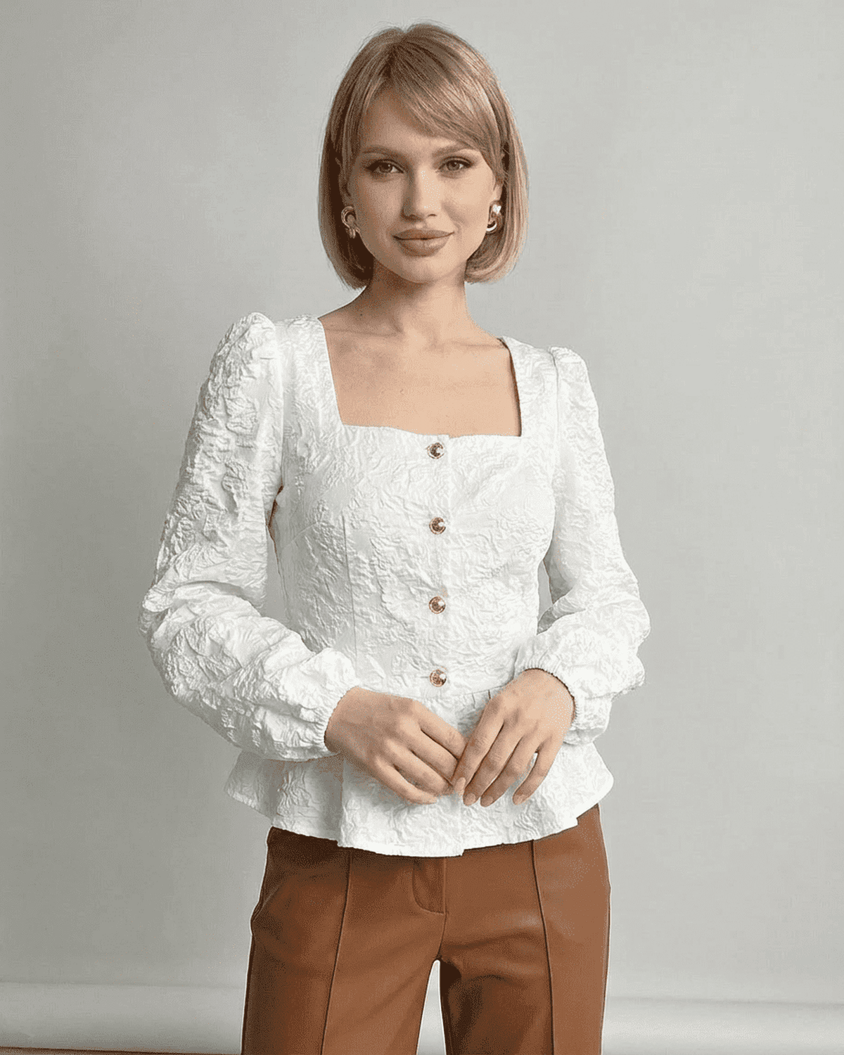 Meta Blouse featuring structured jacquard fabric, square neck, and luxurious satin finish by RAMBLION.