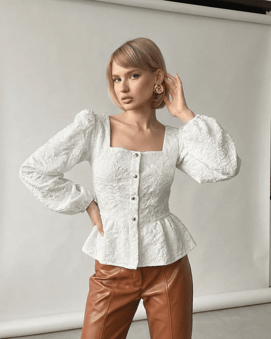 Meta Blouse - Elegant white blouse, structured jacquard, satin finish by RAMBLION for any occasion.