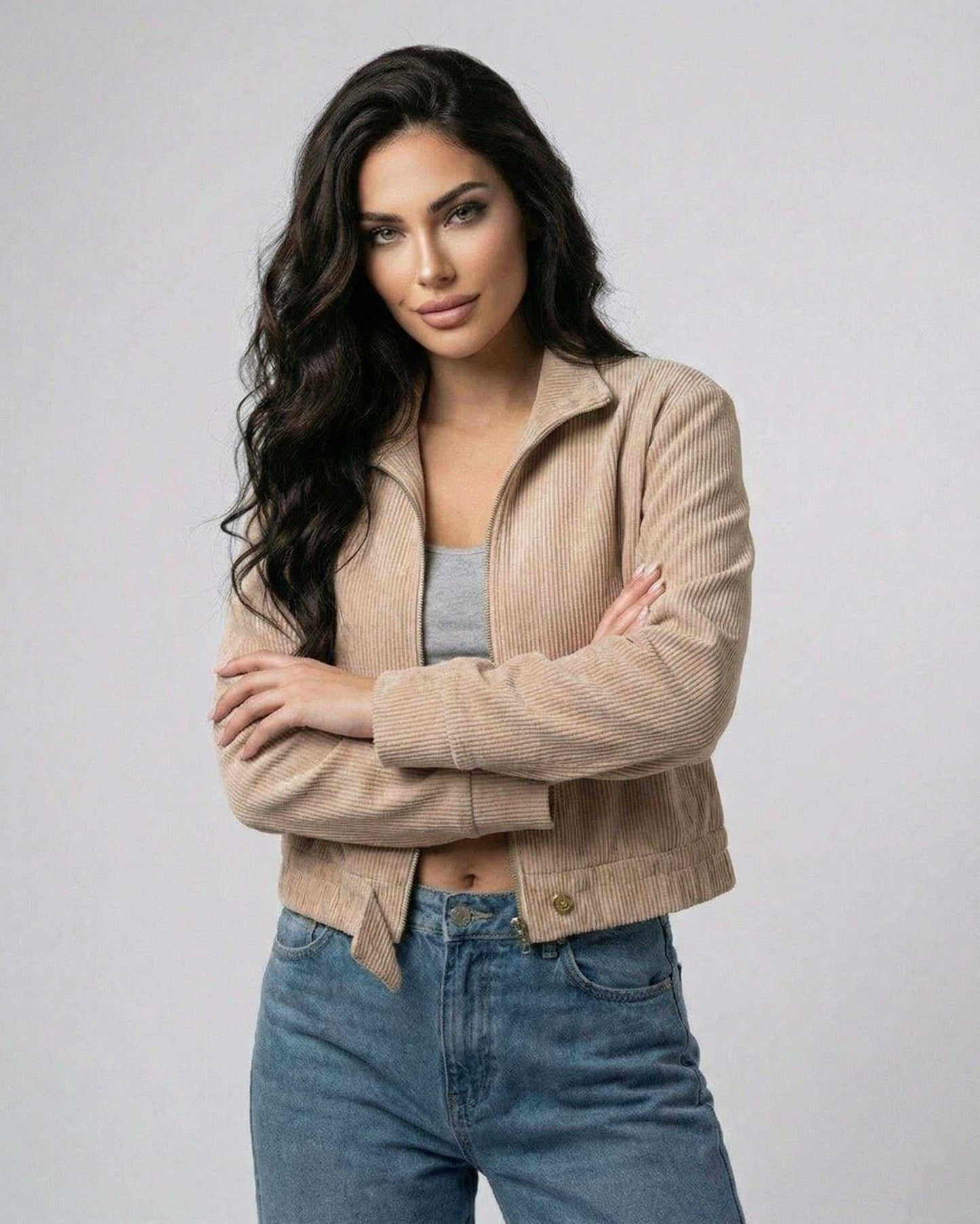 Beige Meva Jacket by RAMBLION, lightweight, modern design, perfect for everyday wear.