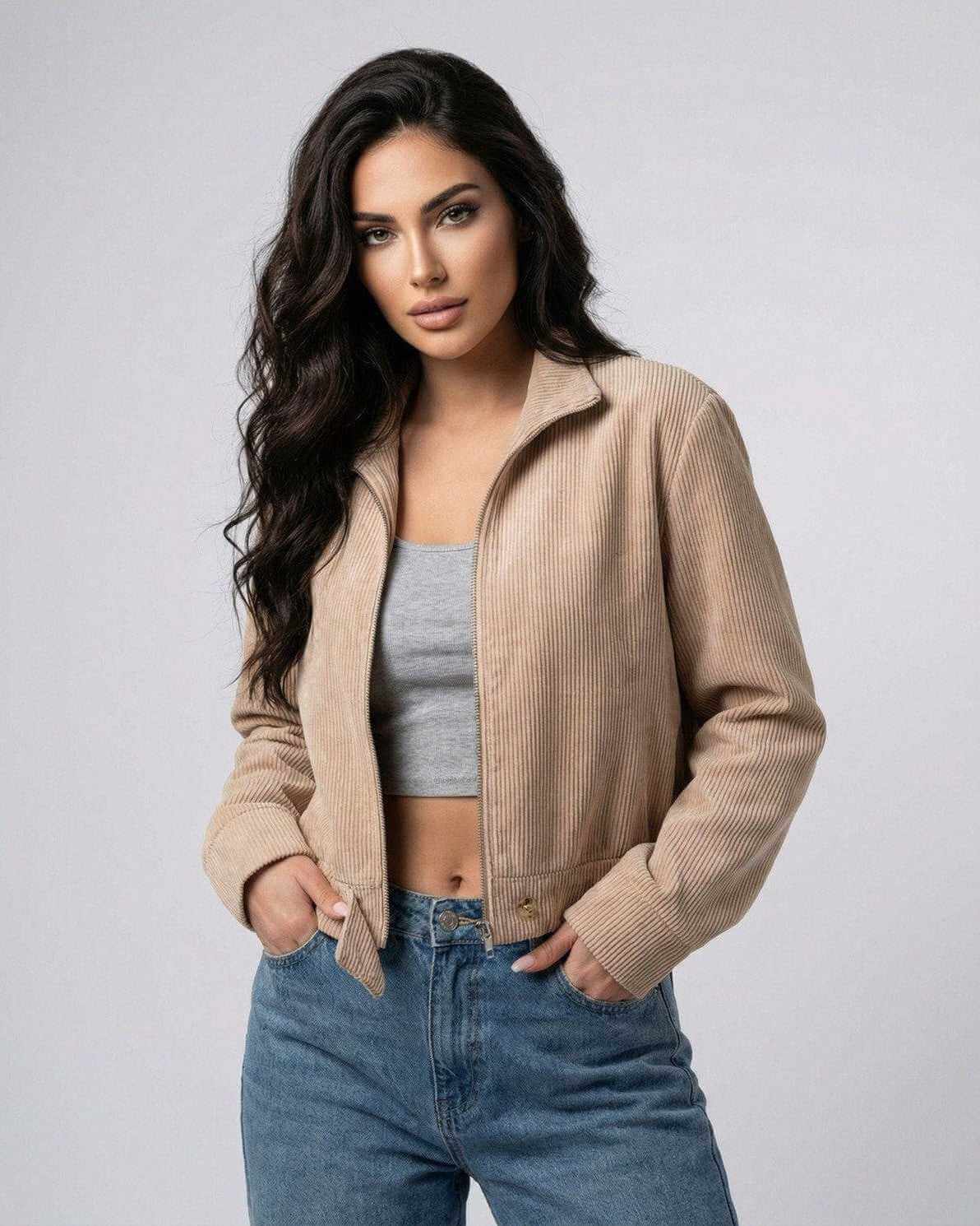 Meva Jacket by RAMBLION, beige lightweight jacket, modern silhouette, perfect for casual outings.