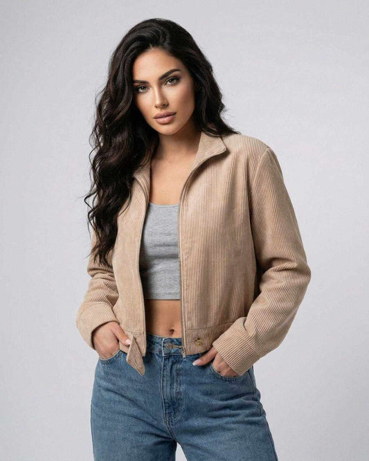 Meva Jacket by RAMBLION, beige lightweight jacket, modern silhouette, perfect for casual outings.