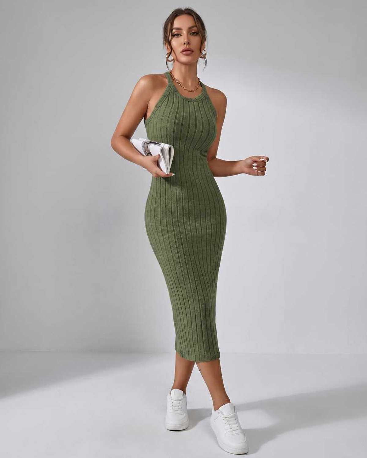 Ramblion Mia midi dress — crew neck neckline · front view · styled for cocktail season