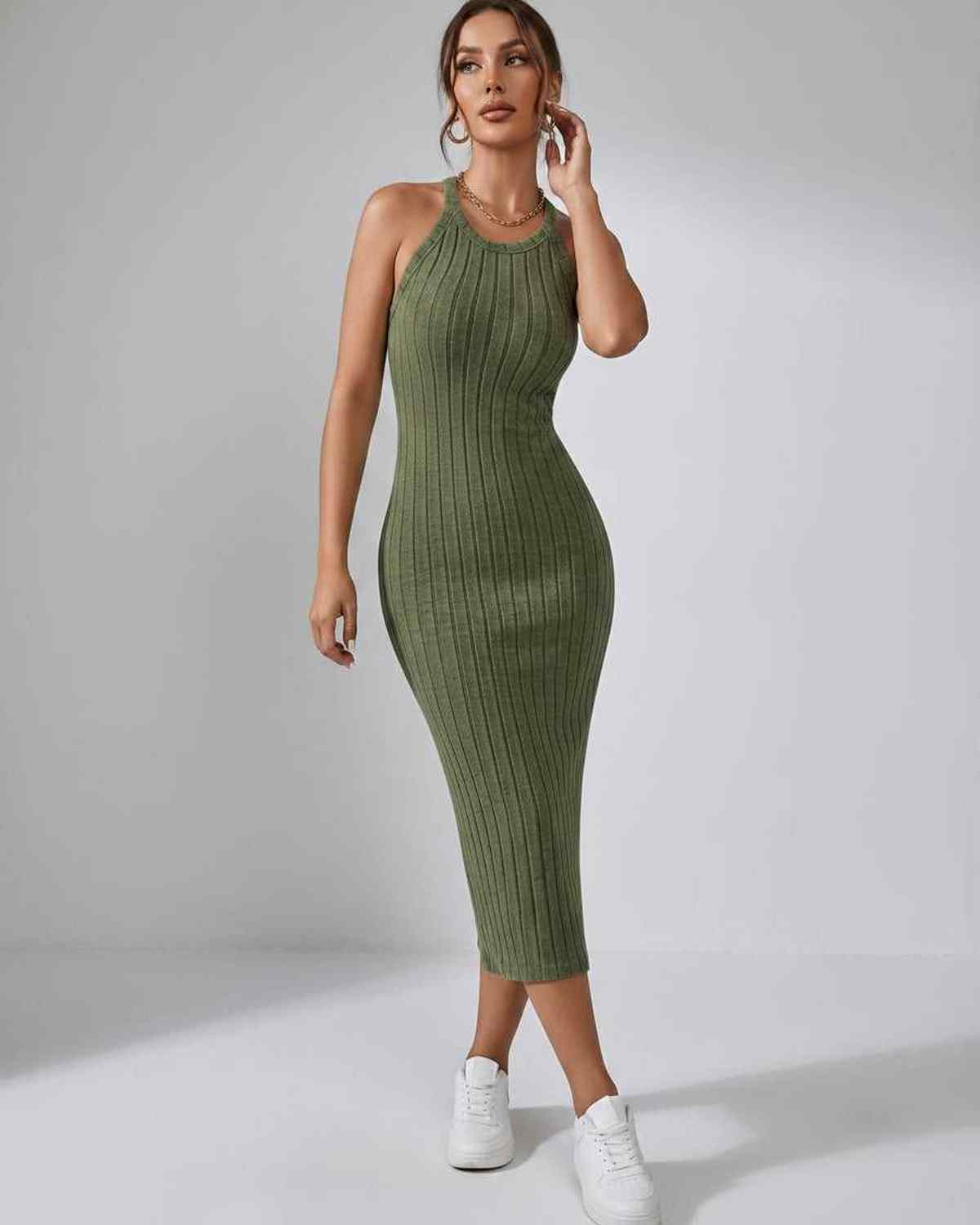 Ramblion Mia midi dress — crew neck neckline · back view · styled for cocktail season
